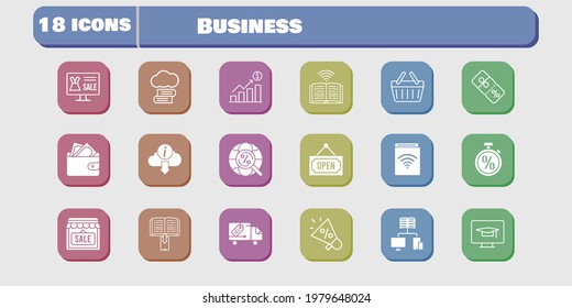 business icon set. included megaphone, profits, audiobook, shop, wallet, book, discount, delivery truck, student-desktop, shopping basket icons on white background. linear, filled styles.