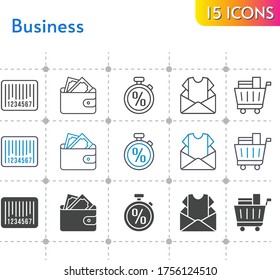 business icon set. included newsletter, wallet, shopping cart, barcode, stopwatch icons on white background. linear, bicolor, filled styles.