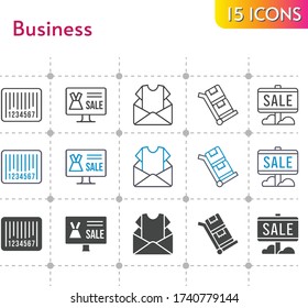 business icon set. included online shop, newsletter, sale, barcode, trolley icons on white background. linear, bicolor, filled styles.