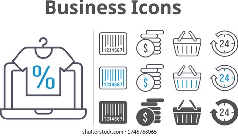 business icon set included online shop, 24-hours, money, shopping-basket, barcode, shopping basket icons