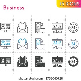 business icon set. included online shop, newsletter, sale, 24-hours, money icons on white background. linear, bicolor, filled styles.