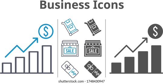 business icon set included profits, shop, discount, trolley icons