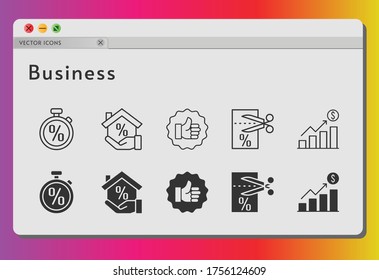 business icon set. included profits, mortgage, like, voucher, stopwatch icons on white background. linear, filled styles.
