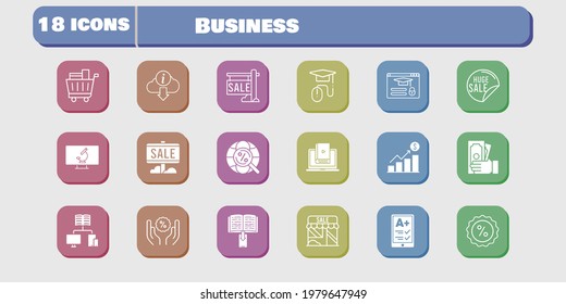 business icon set. included profits, shop, learn, discount, login, microscope, ereader, sale, ebook, money, school, elearning icons on white background. linear, filled styles.