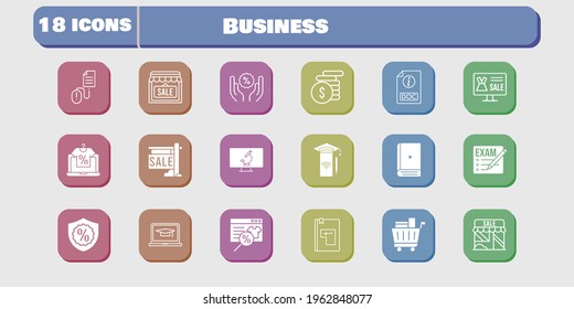 business icon set. included shop, smartphone, discount, click, microscope, exam, online shop, sale, ebook, student-laptop, money icons on white background. linear, filled styles.