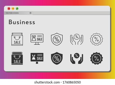 business icon set. included shopping bag, online shop, warranty, discount icons on white background. linear, filled styles.