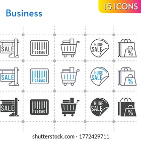 business icon set. included shopping bag, sale, shopping cart, barcode icons on white background. linear, bicolor, filled styles.