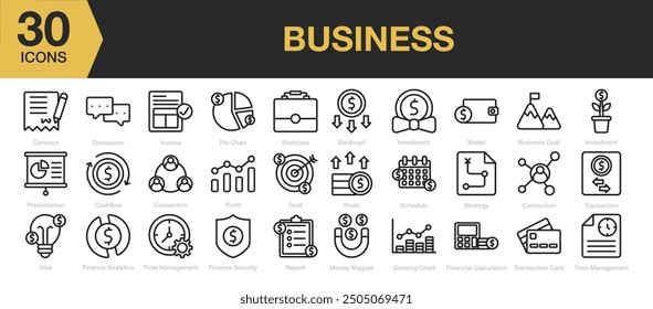 Business icon set. Includes contract, invoice, profit, strategy, goal and More. Outline icons vector collection.