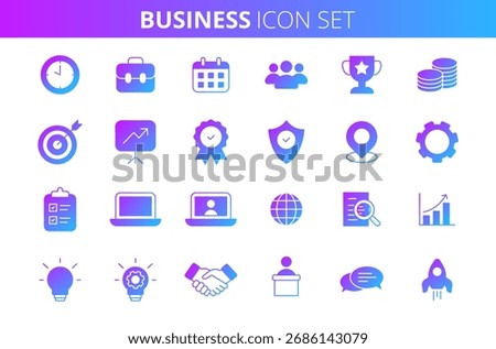 Business icon set. Includes symbols for finance, marketing, management, communication, teamwork, strategy, analytics, growth. For presentations, websites, apps, infographic, corporate materials.