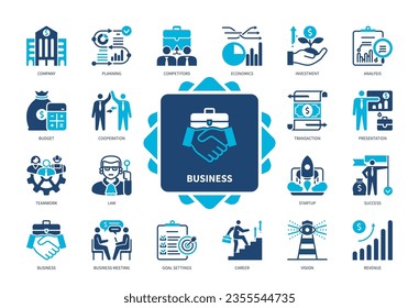 Business icon set. Investment, Budget, Business Meeting, Analysis, Economics, Vision, Goal Settings, Success, Planning. Duotone color solid icons