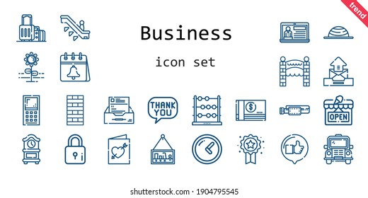 business icon set. line icon style. business related icons such as news, calendar, bus, chimney, suitcase, escalator, belt, like, clock, picture, flower, speech bubble, badge, money, balance