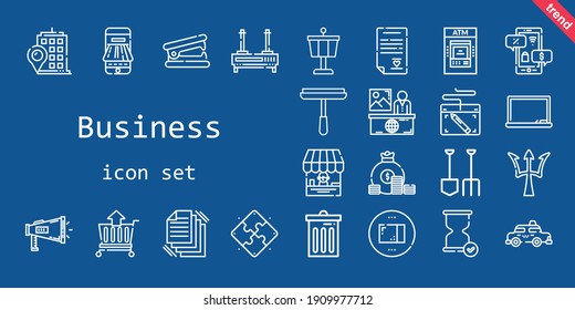 business icon set. line icon style. business related icons such as news, payment method, blackboard, megaphone, stapler remover, shop, package, shovel, taxi, control tower, cart, building, trash