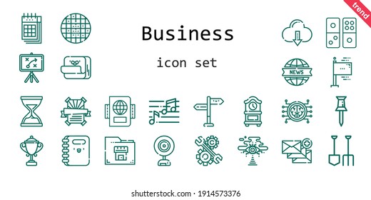 business icon set. line icon style. business related icons such as calendar, note, development, post it, flags, shovel, news report, clock, brain, folder, directions, pin, passport, webcam, grid