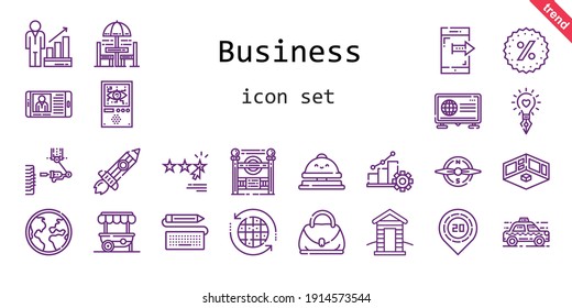 business icon set. line icon style. business related icons such as exhibition, news, keyboard, profits, smartphone, rising, idea, subway entrance, taxi, rating, cabin, domotics, hand bag