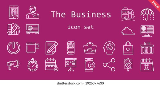 the business icon set. line icon style. the business related icons such as news, calendar, megaphone, smartphone, color, umbrella, bag, pencil, shopping basket, presentation