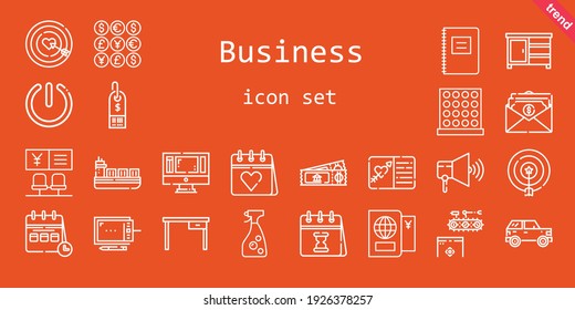 business icon set. line icon style. business related icons such as calendar, conveyor, ticket, coins, ship, drawer, monitor, salary, dart board, target, supermarket, bank