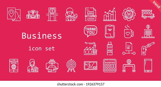 business icon set. line icon style. business related icons such as parking, factory, calculator, settings, bus, smartphone, suitcase, paper clip, contract, bar graph, news reporter