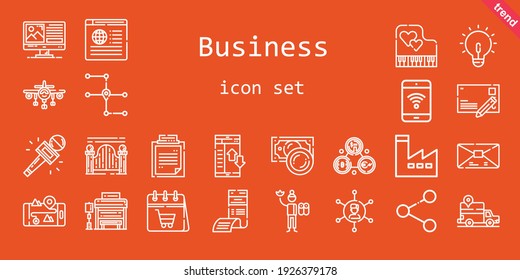business icon set. line icon style. business related icons such as bus stop, calendar, news, factory, mail, idea, bill, networking, gps, clipboard, journalist, computer, piano