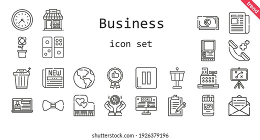 business icon set. line icon style. business related icons such as news, newspaper, goal, shop, earth globe, wall clock, control tower, clipboard, pause, flower, trash