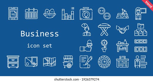 business icon set. line icon style. business related icons such as calendar, stool, handshake, buttons, smartphone, briefcase, news reporter, contract, drawer, wall clock, nest