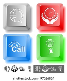 Business icon set. Little man with globe, globe and magnifying glass, clock in hands, hotline.  Computer keys. Vector illustration.