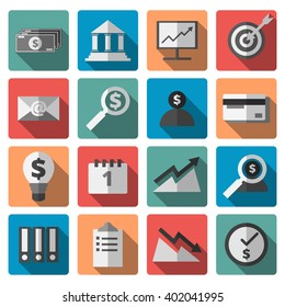 business icon set, Long shadow effect style 