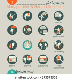 Business icon set. Management, human resources, marketing, e-commerce solutions. Flat design