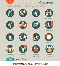 Business icon set. Management, human resources, marketing, e-commerce solutions. Flat design
