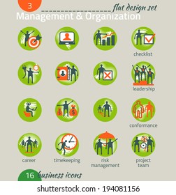 Business icon set. Management, human resources, marketing, e-commerce solutions. Flat design