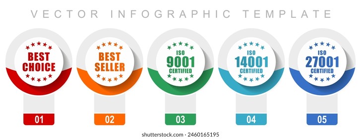 Business icon set, miscellaneous vector icons such as best choice, best seller, iso 9001, iso 14001 and iso 27001, modern design infographic template, web buttons in 5 color options