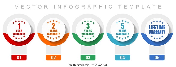 Business icon set, miscellaneous vector icons such as 1, 2, 3, 5 and lifetime warranty, modern design infographic template, web buttons in 5 color options