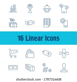 Juego de iconos de negocio y dinero con patrón, promoción y farmacia. Vector de iconos de negocios relacionados con la medicina para el diseño del logotipo de la interfaz de usuario web.
