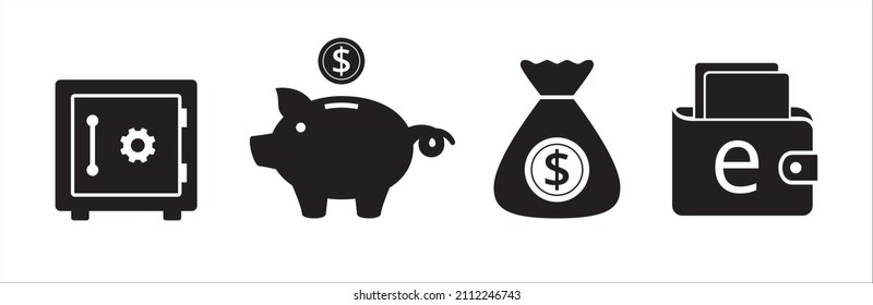 Business icon set. Money, saving, wealth and finance vector icons set. Contains symbol of vault, piggy bank, money bag, wallet.