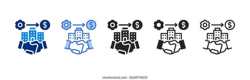 Business icon set multiple style. The icons show business cooperation between companies, involving processes, financial gains and deals through symbols of buildings, gears, money and handshakes.