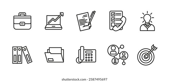 Business icon set. Office and work symbol collection. Finance strategy vector illustration. Management, communication and corporate sign. Productivity, teamwork and goal achievement pictogram.