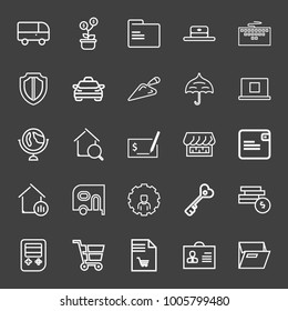 Business icon set with opened umbrella outlined, shop with curtain front view outlined