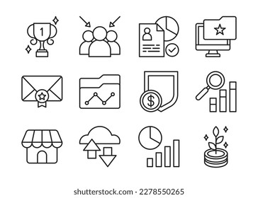 Business icon set in outline style. Business investment, management, growth, team icon. Suitable for many purposes.