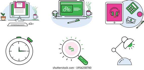 Business Icon Set Pack Computer, Laptop, iPod, Clock, Lamp, Calculator, Money, Cup, Coffee, Pen, Headphone, Keyboard, Mouse, Macbook, Lens, Flower | Office Icon Set | Icon Pack Office | MacBook PC