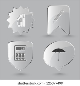 Business icon set. Pencil, calculator, umbrella, diagram. Glass buttons.