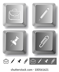 Business icon set. Pencil, clip, briefcase, push pin.  Computer keys. Vector illustration.
