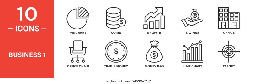 Business icon set. Pie chart, coins, growth, savings, office, icons. Outlined icon collection. Vector illustration.