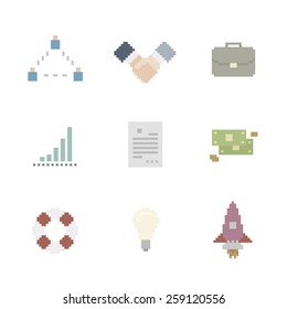 Business Icon Set In Pixel Art Style