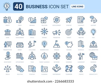 Business icon set. Profit, partnership, startup, solution, office, leadership and contract outline icons. Line icons vector collection.