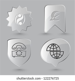 Conjunto de iconos de negocio. Shift globo, signo monetario abstracto, teléfono viejo, signo de porcentaje.  Botones de vidrio.