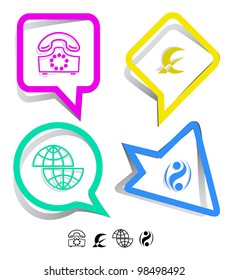 Business-Icon-Set. Umschalt-Globus, abstraktes Geldzeichen, altes Telefon, Prozentzeichen.  Papieraufkleber. Vektorgrafik.