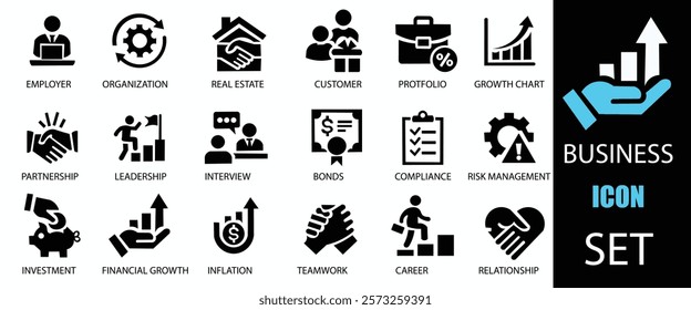 Business icon set. Showcasing intricately designed representations of team, leadership, workshop, employee, career and more. Vector illustration. Easily changes to any color.