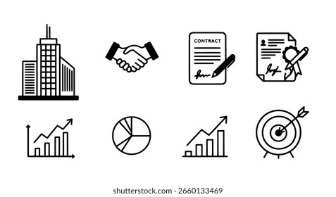 Business icon set in a simple, clean line art style. A minimalist collection of corporate symbols for finance, strategy, and management.