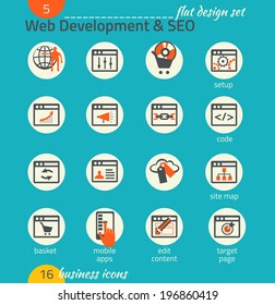 Business icon set. Software and web development, SEO, marketing, e-commerce. Flat design
