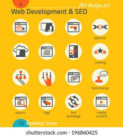 Business icon set. Software and web development, SEO, marketing, e-commerce. Flat design