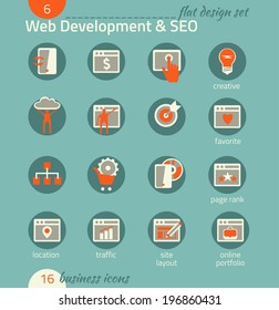 Business icon set. Software and web development, SEO, marketing, e-commerce. Flat design